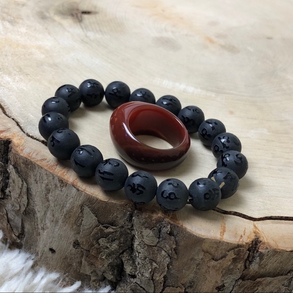 Jewelry - Asian Character Etched Natural Stone Set